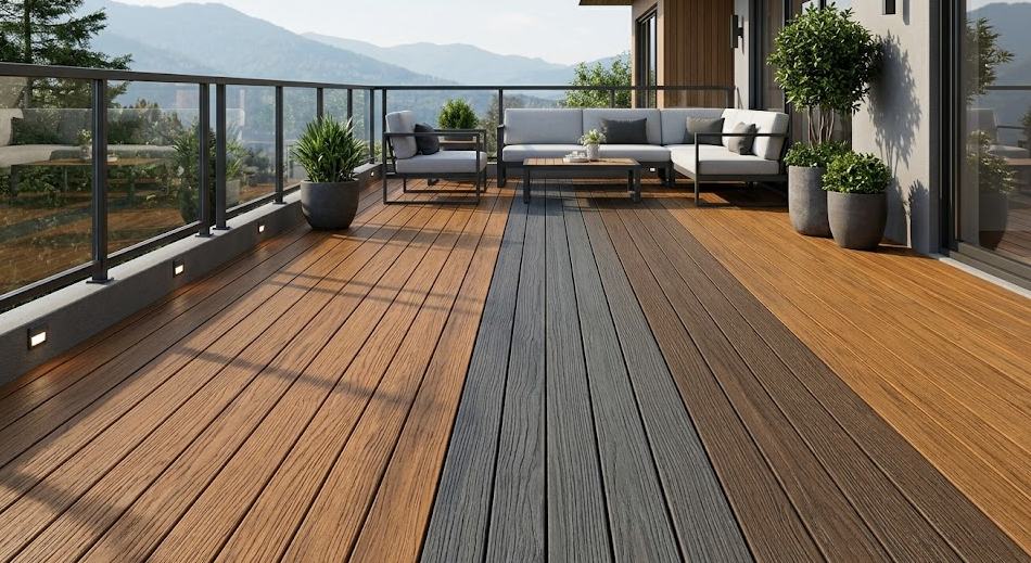 Three color variations of high-performance WPC decking: teak brown, dark grey, chocolate brown