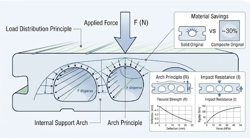 CAD diagram illustrating the 'Arch Principle' load distribution of circular hollow cores in WPC decking