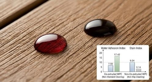 Close-up of WPC decking surface with spills beading up, demonstrating stain resistance