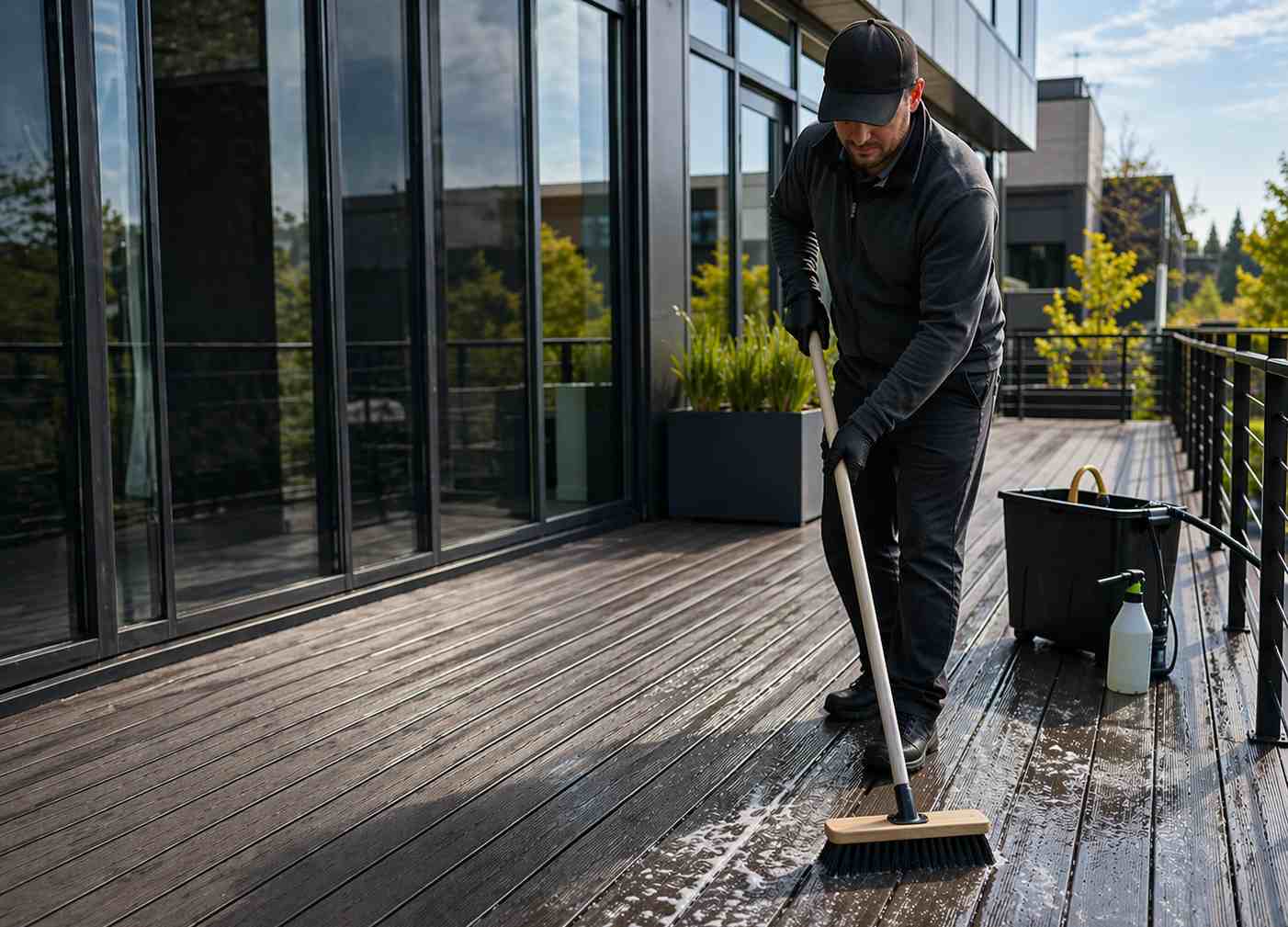 Commercial property manager cleaning co-extruded composite decking