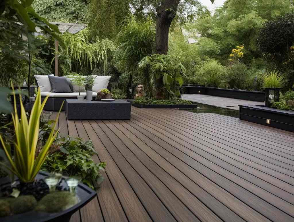 Modern co-extruded WPC decking with protective polymer cap Modern co-extruded WPC decking with protective polymer cap
