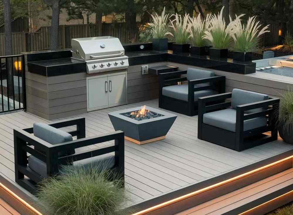 Modern composite decking with natural wood grain finish Modern composite decking with natural wood grain finish