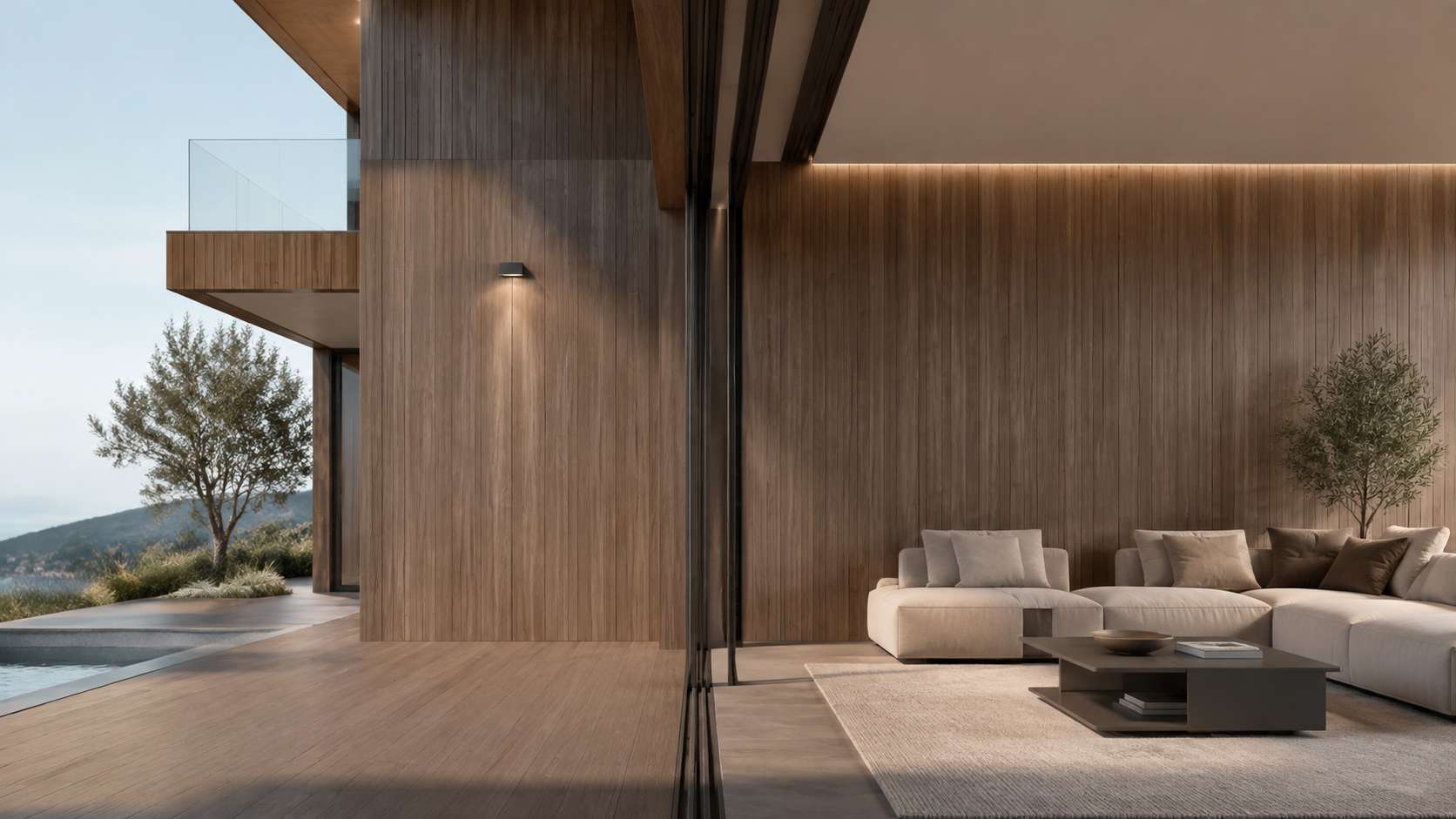 a continuous WPC design language from an exterior building façade into an interior living space a continuous WPC design language from an exterior building façade into an interior living space